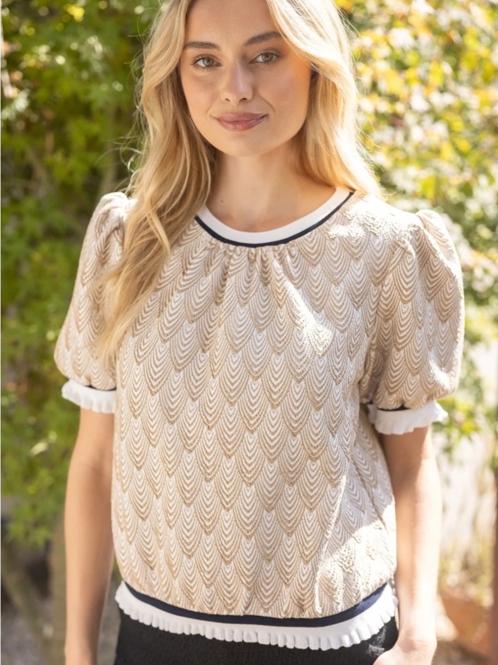 Beige Patterned Puff-Sleeve Blouse with Contrast Trim